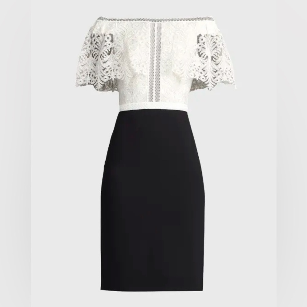 Tadashi Shoji Black and White Off-Shoulder Corded Lace & Crepe Midi Dress